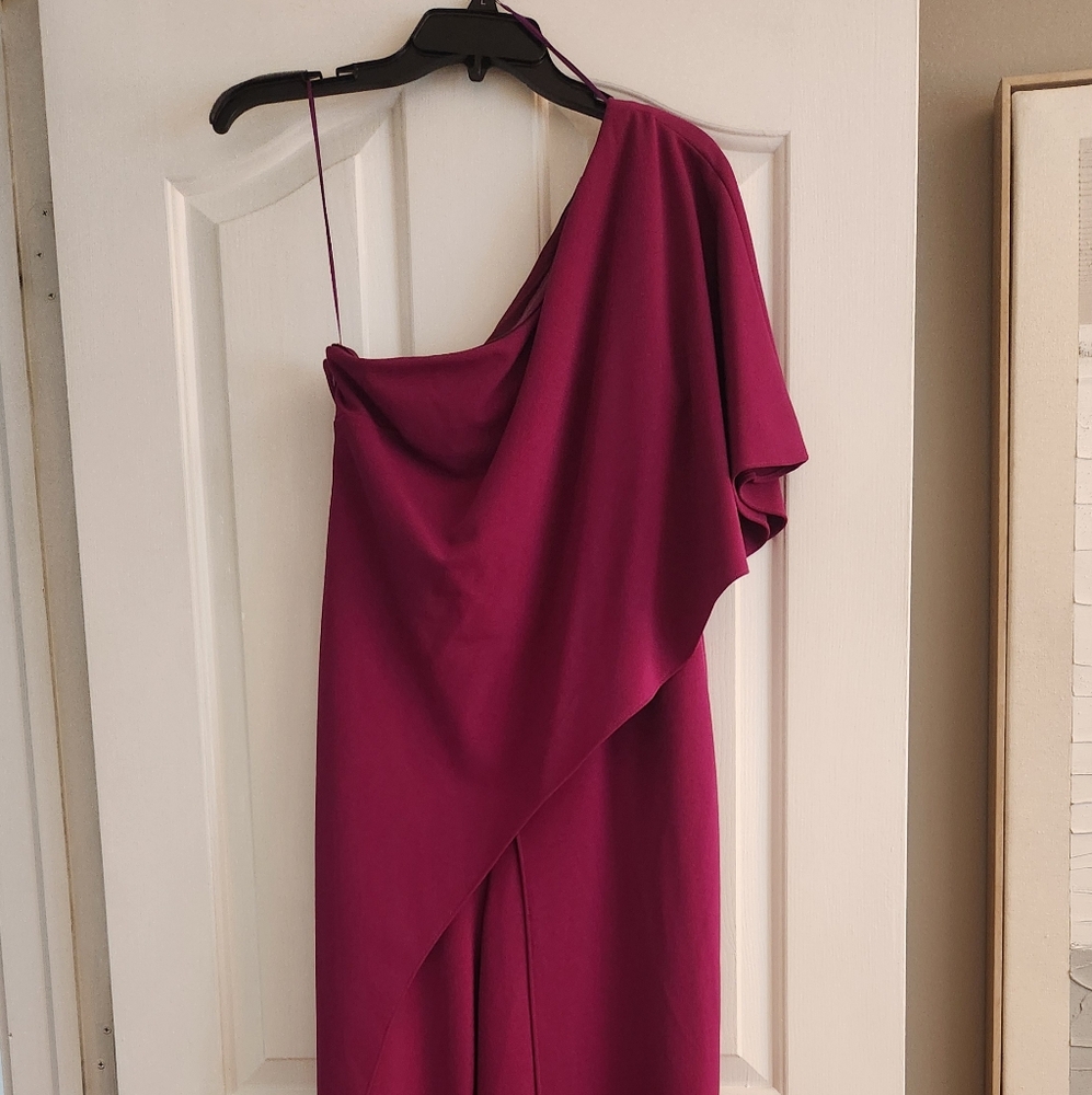 Adrianna Papell Pink Asymmetrical Draped Gown with Flutter Sleeve